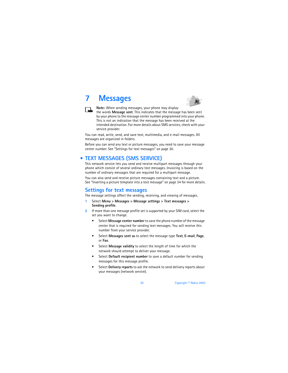 7 messages, Text messages (sms service), Messages | 7messages, Settings for text messages | Nokia 6800 User Manual | Page 37 / 153