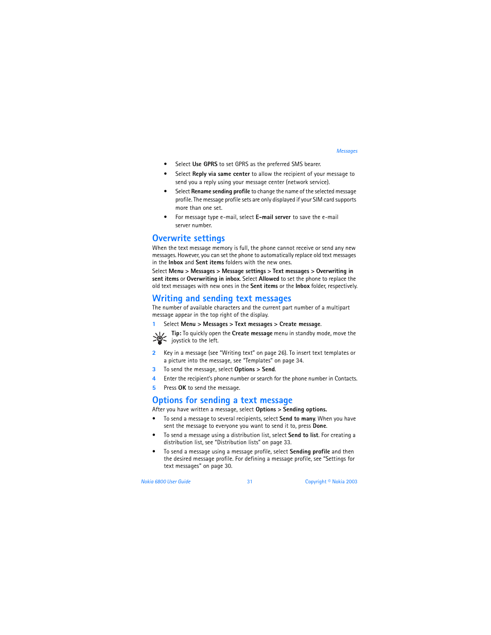 Overwrite settings, Writing and sending text messages, Options for sending a text message | Nokia 6800 User Manual | Page 38 / 153