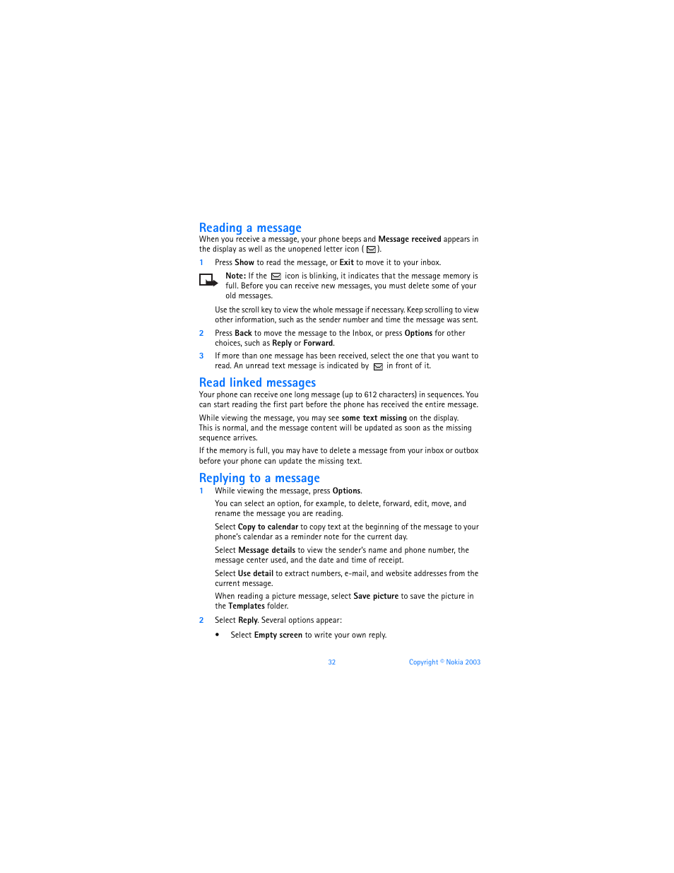 Reading a message, Read linked messages, Replying to a message | Nokia 6800 User Manual | Page 39 / 153