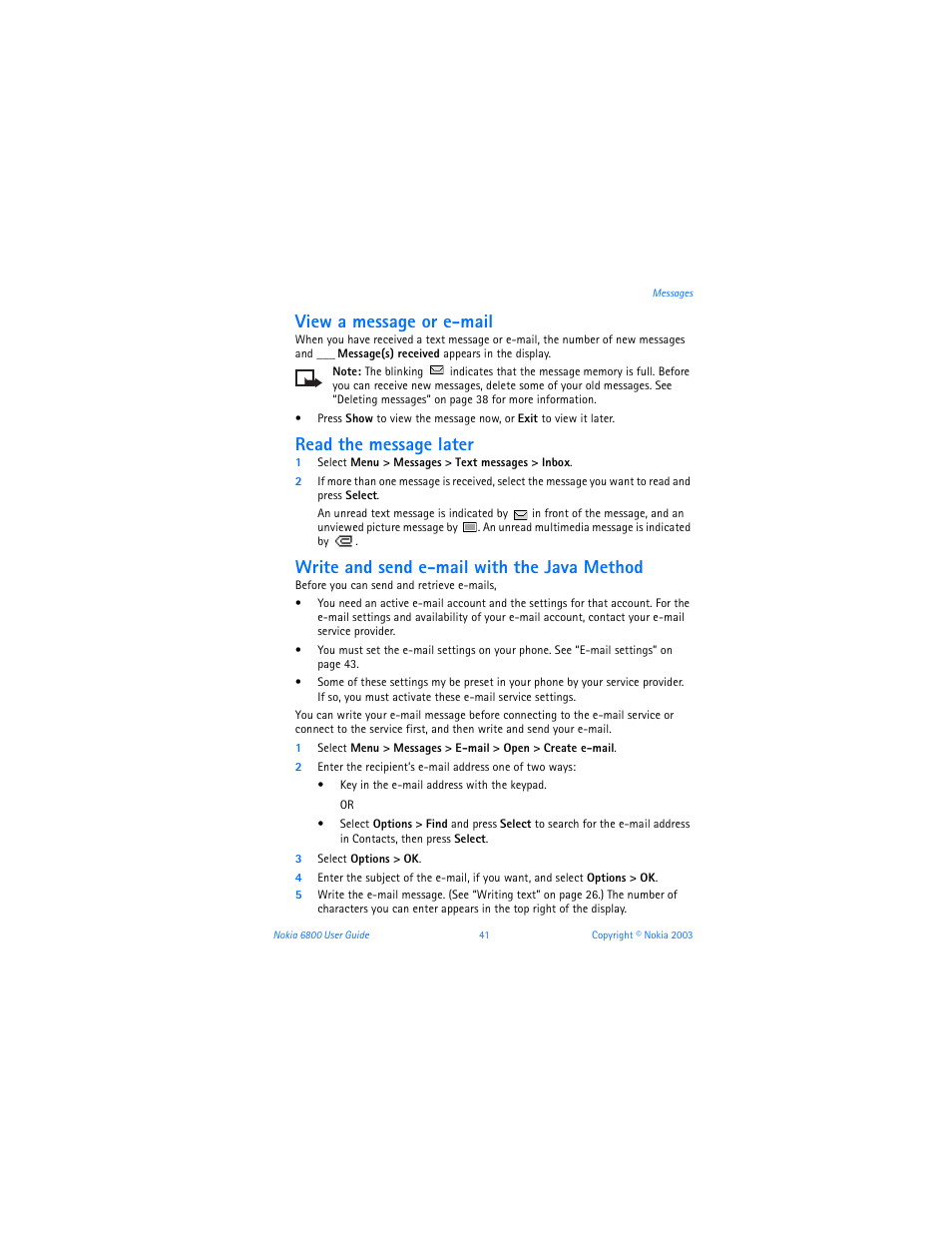 View a message or e-mail, Read the message later, Write and send e-mail with the java method | Nokia 6800 User Manual | Page 48 / 153