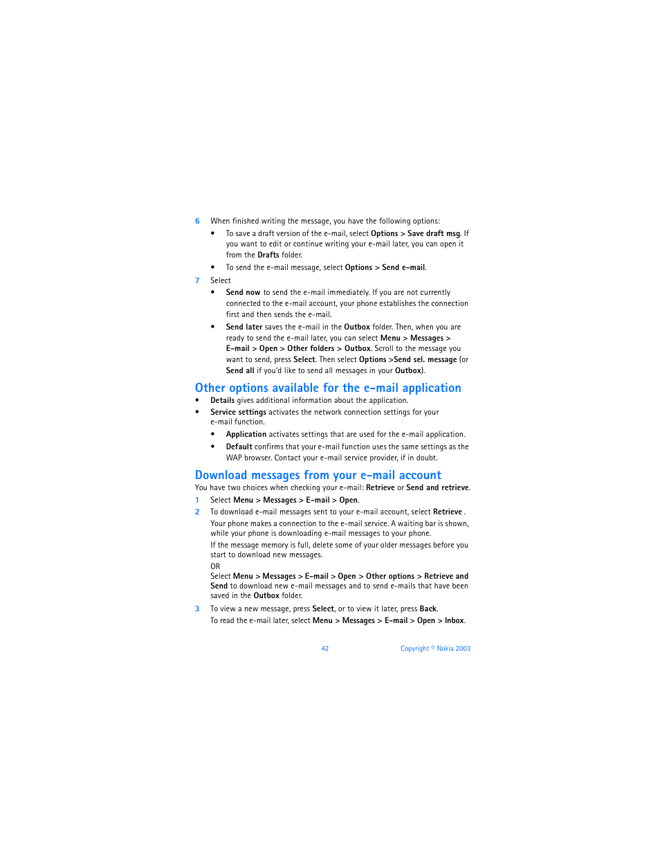 Other options available for the e-mail application, Download messages from your e-mail account | Nokia 6800 User Manual | Page 49 / 153