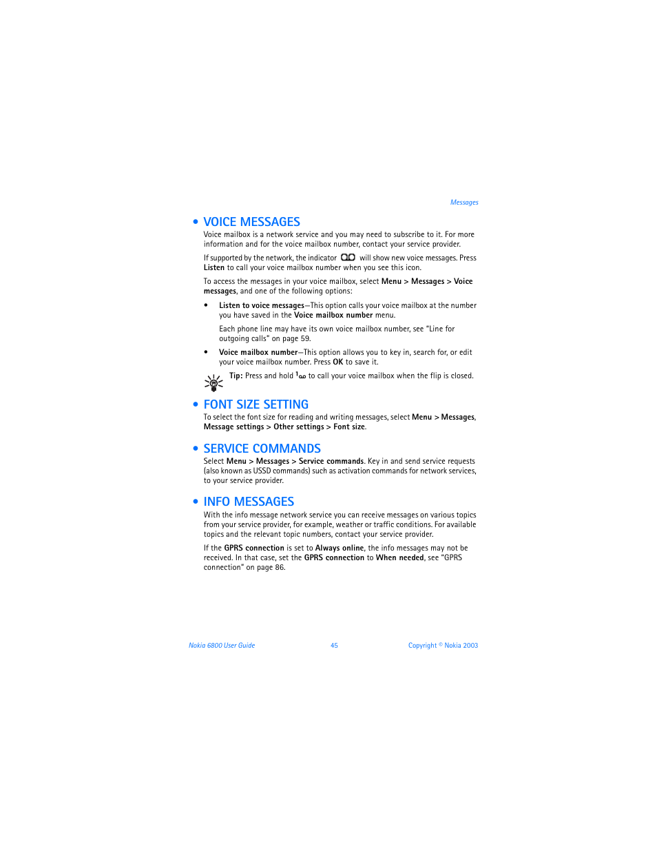 Voice messages, Font size setting, Service commands | Info messages | Nokia 6800 User Manual | Page 52 / 153