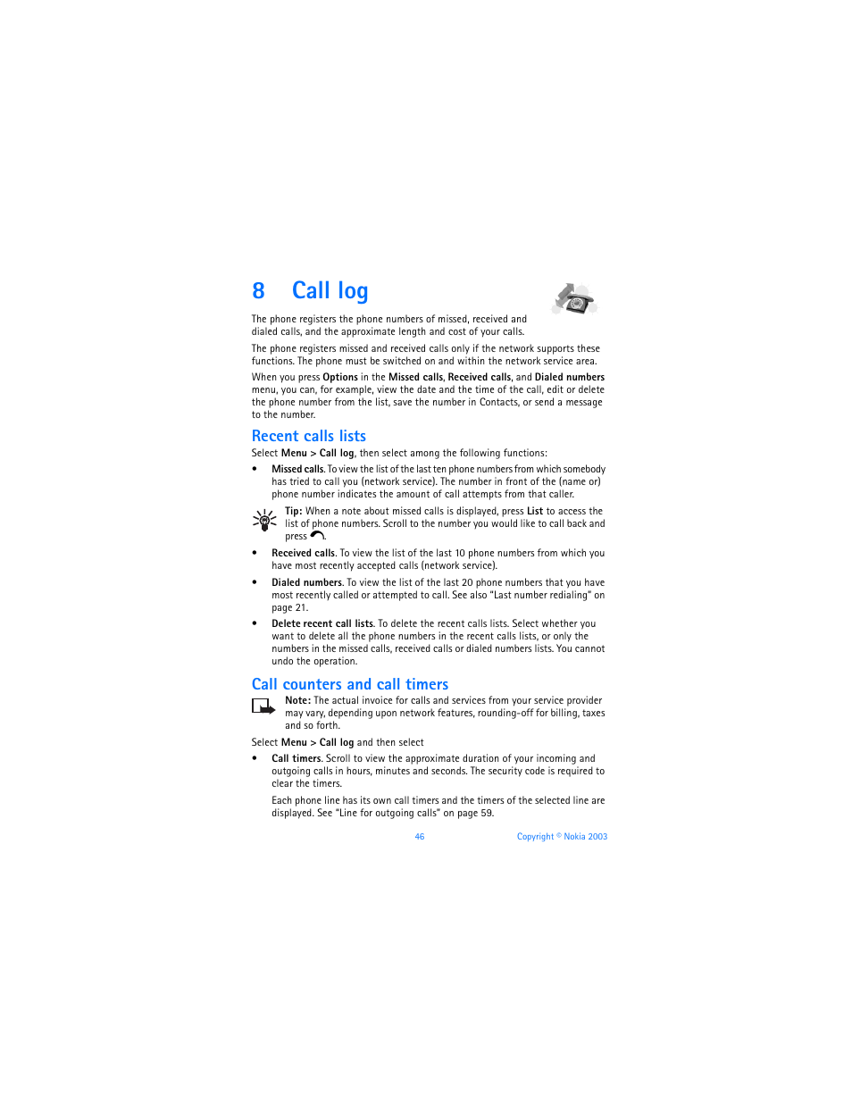 8 call log, Call log, 8call log | Recent calls lists, Call counters and call timers | Nokia 6800 User Manual | Page 53 / 153