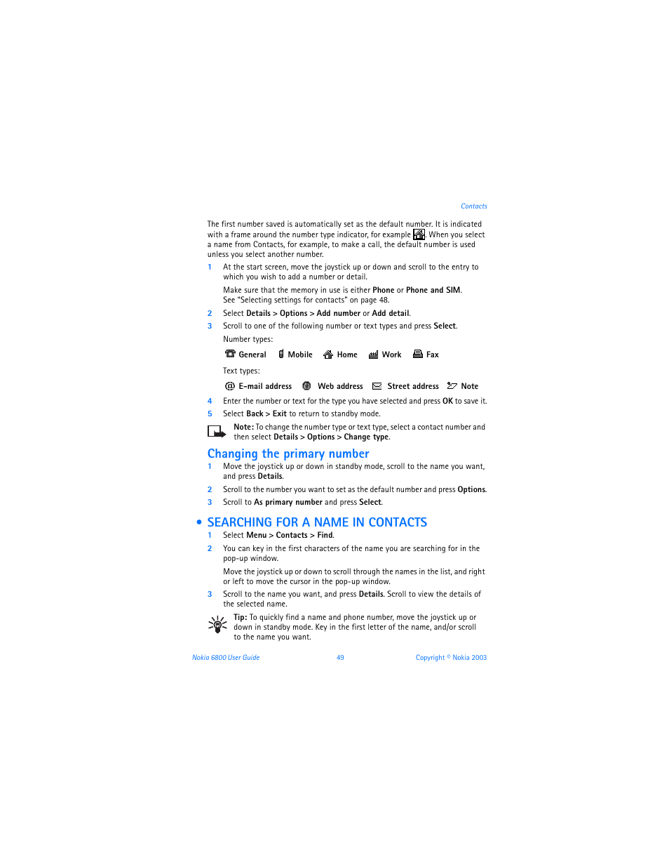 Searching for a name in contacts, Changing the primary number | Nokia 6800 User Manual | Page 56 / 153