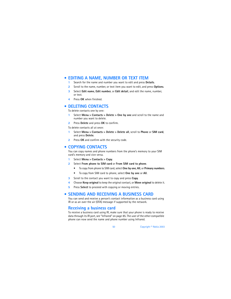 Editing a name, number or text item, Deleting contacts, Copying contacts | Sending and receiving a business card, Receiving a business card | Nokia 6800 User Manual | Page 57 / 153