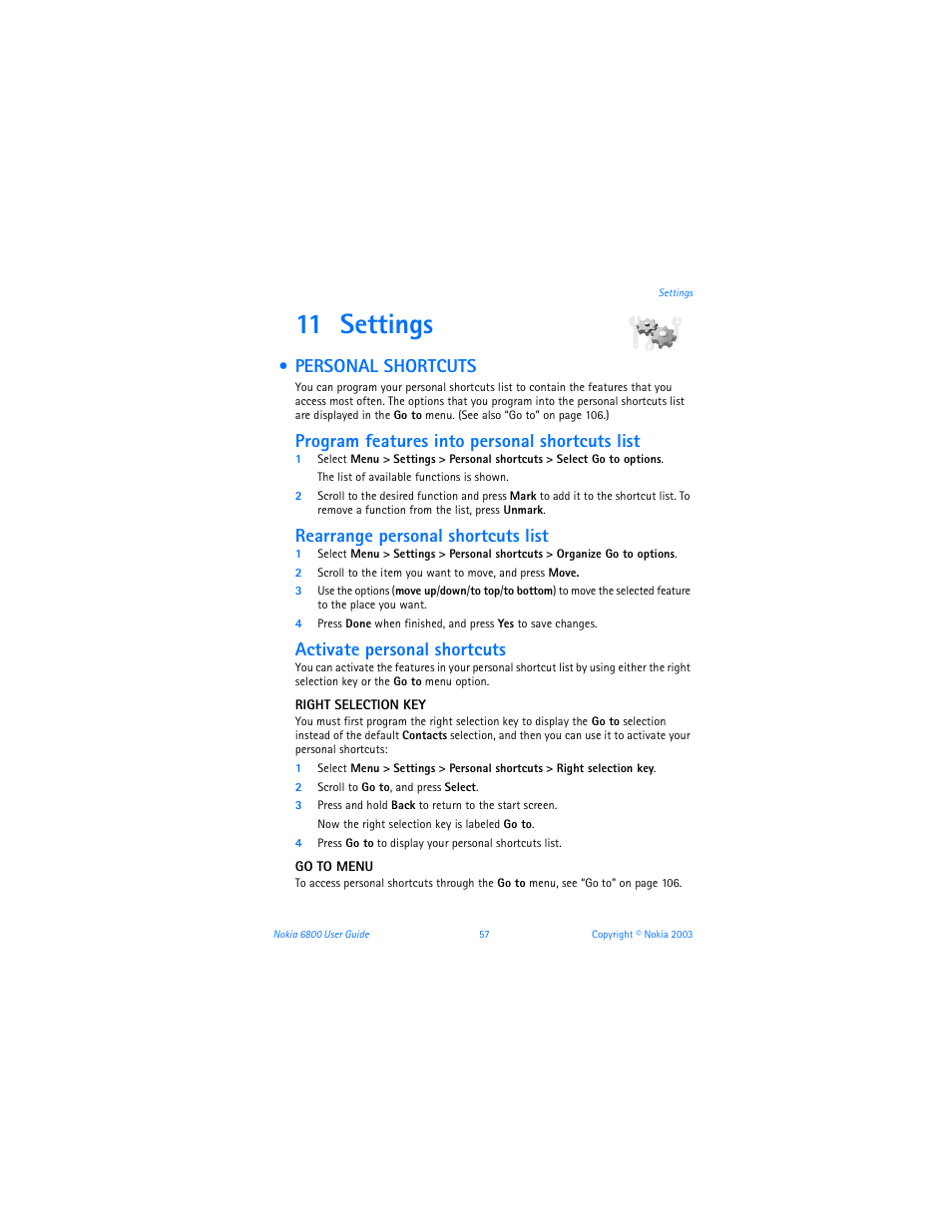 11 settings, Personal shortcuts, Settings | Program features into personal shortcuts list, Rearrange personal shortcuts list, Activate personal shortcuts | Nokia 6800 User Manual | Page 64 / 153