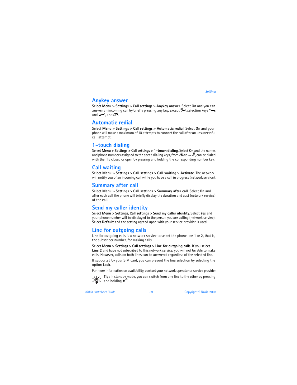 Anykey answer, Automatic redial, Touch dialing | Call waiting, Summary after call, Send my caller identity, Line for outgoing calls | Nokia 6800 User Manual | Page 66 / 153