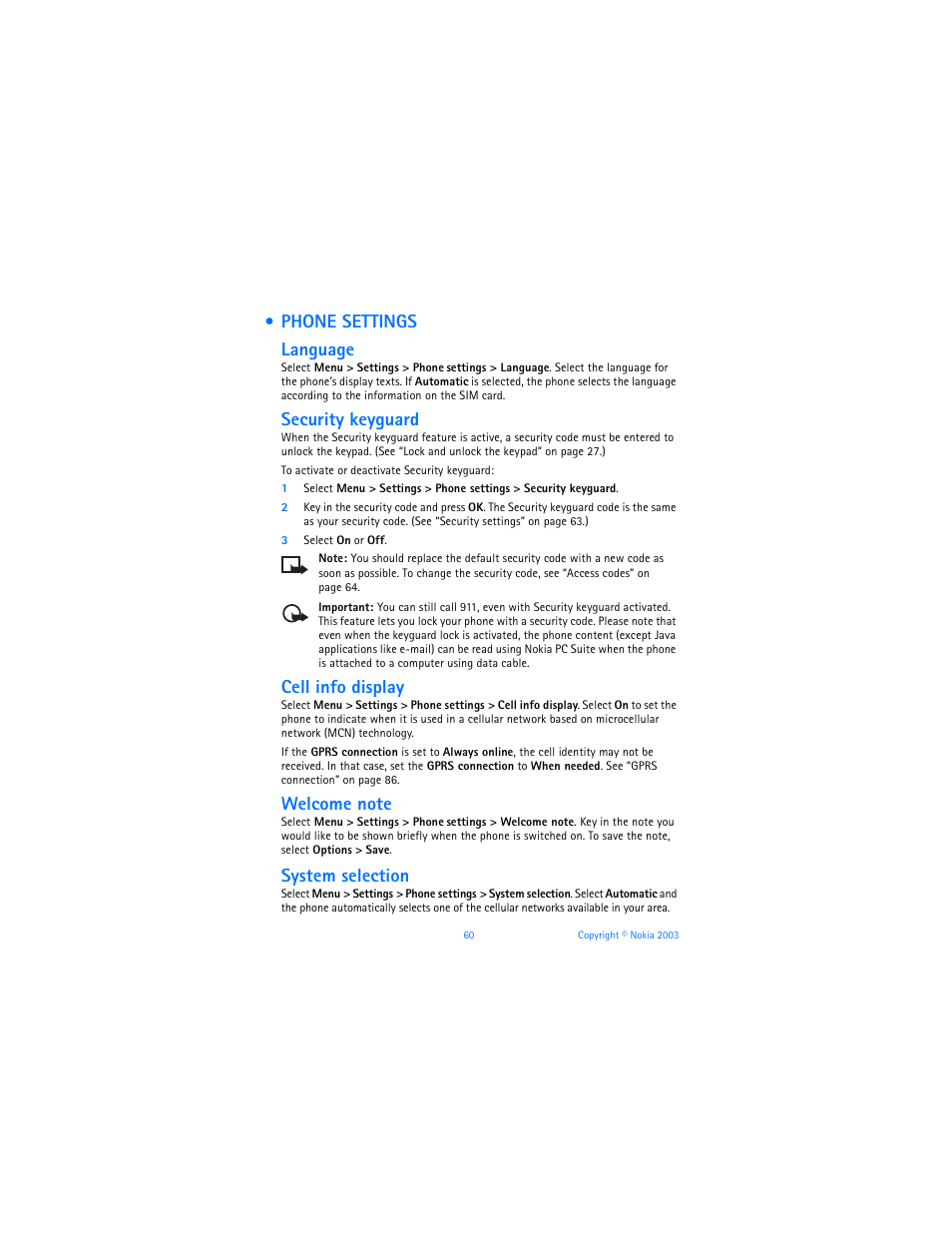 Phone settings, Phone settings language, Security keyguard | Cell info display, System selection | Nokia 6800 User Manual | Page 67 / 153