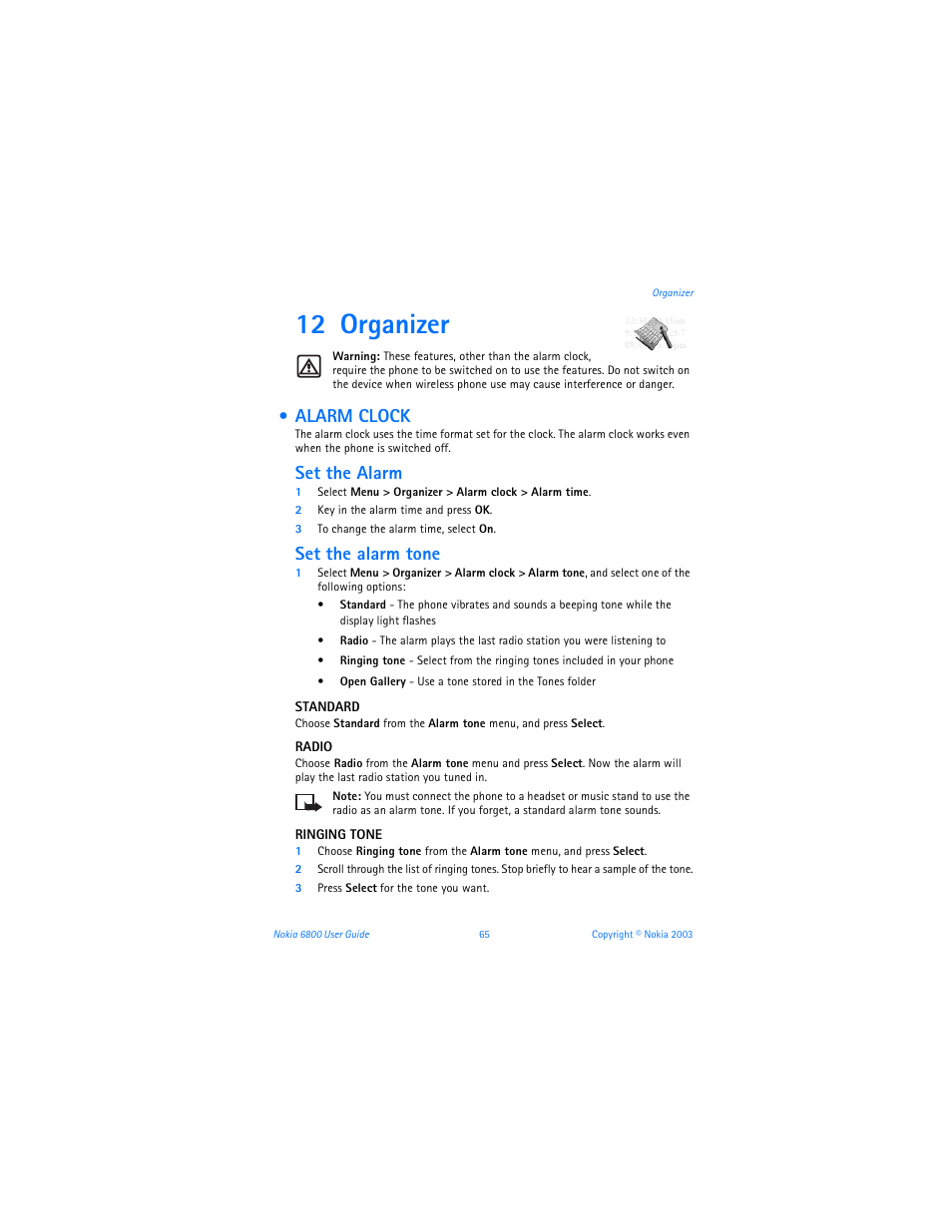 12 organizer, Alarm clock, Organizer | Set the alarm, Set the alarm tone | Nokia 6800 User Manual | Page 72 / 153