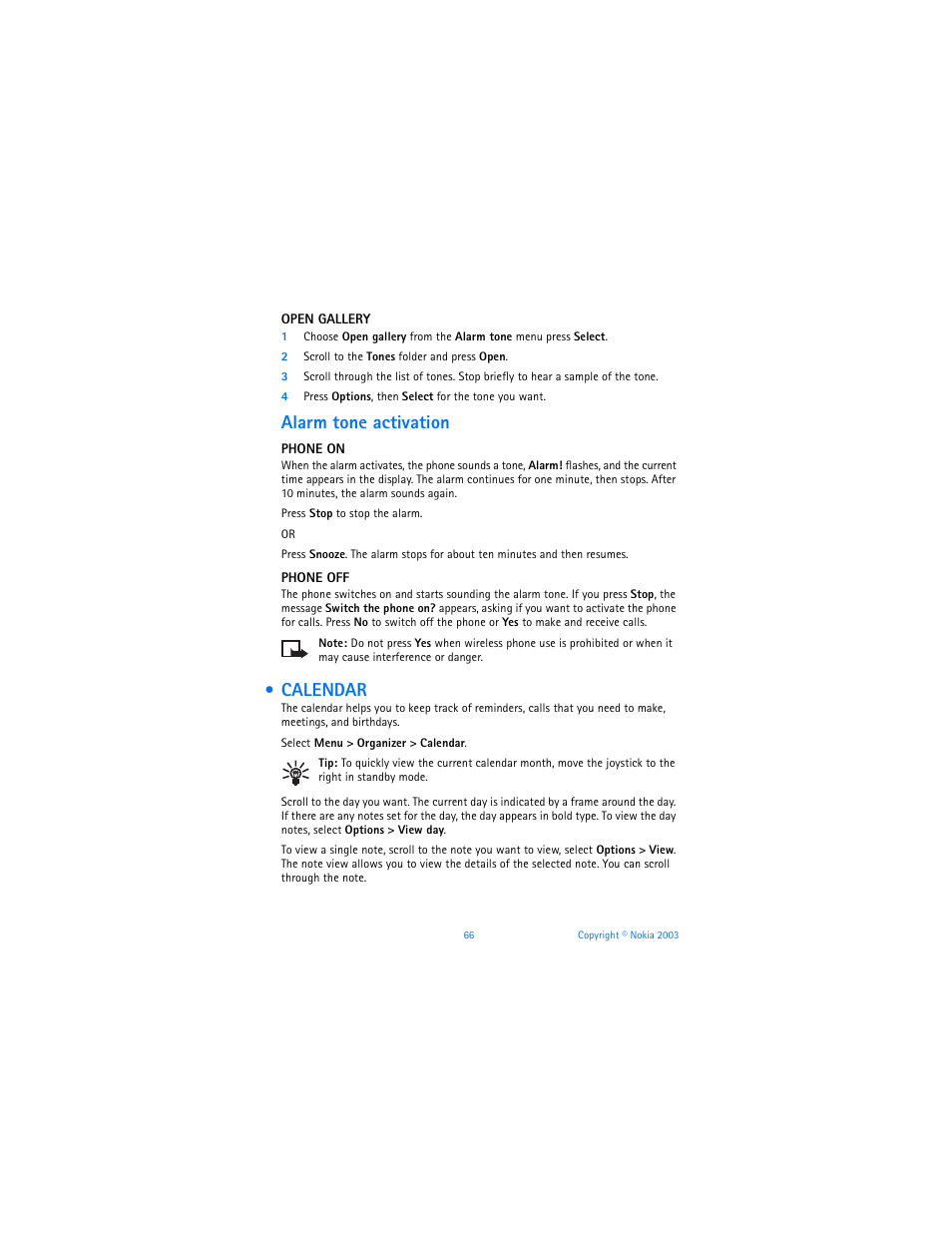 Calendar, Alarm tone activation | Nokia 6800 User Manual | Page 73 / 153
