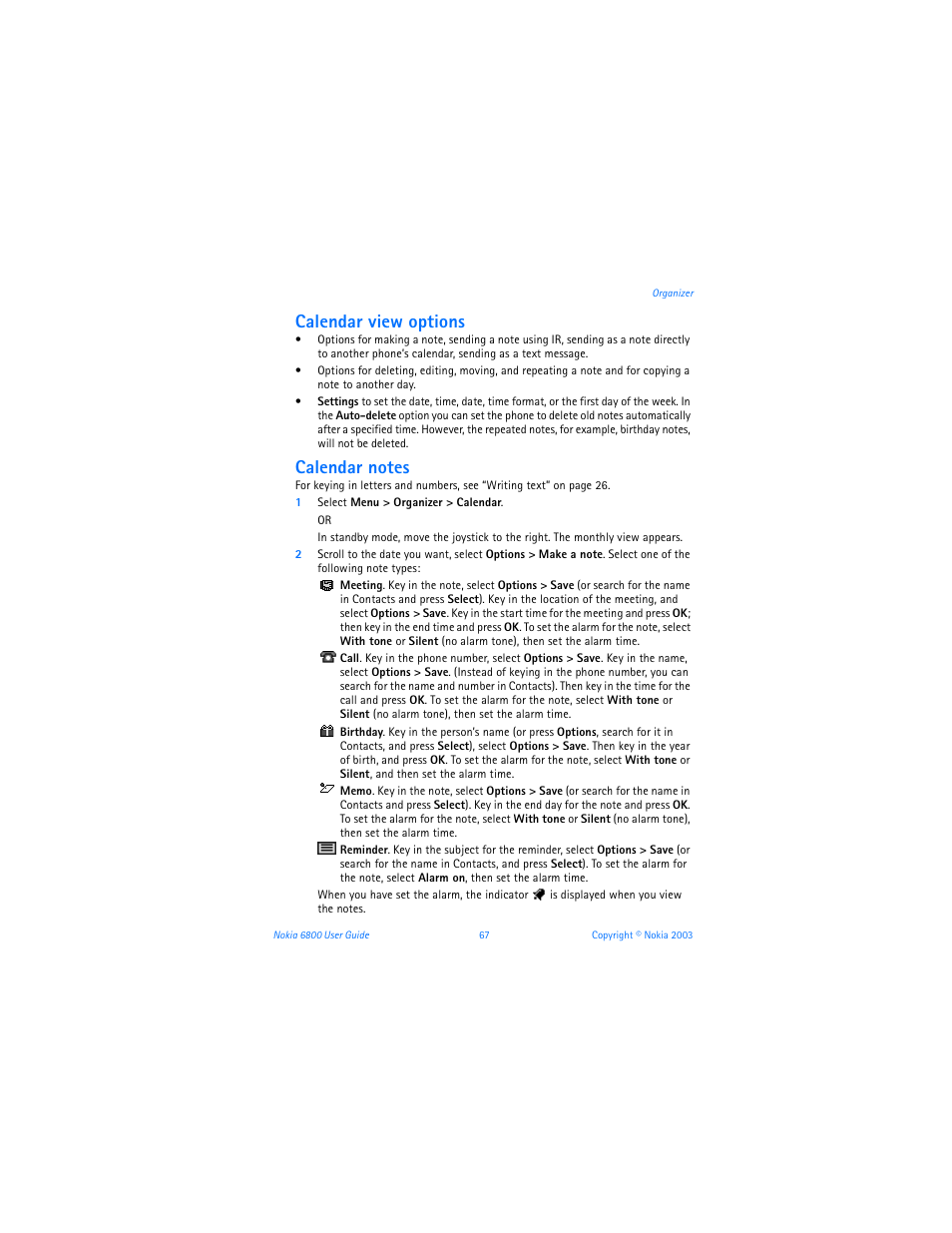 Calendar view options | Nokia 6800 User Manual | Page 74 / 153