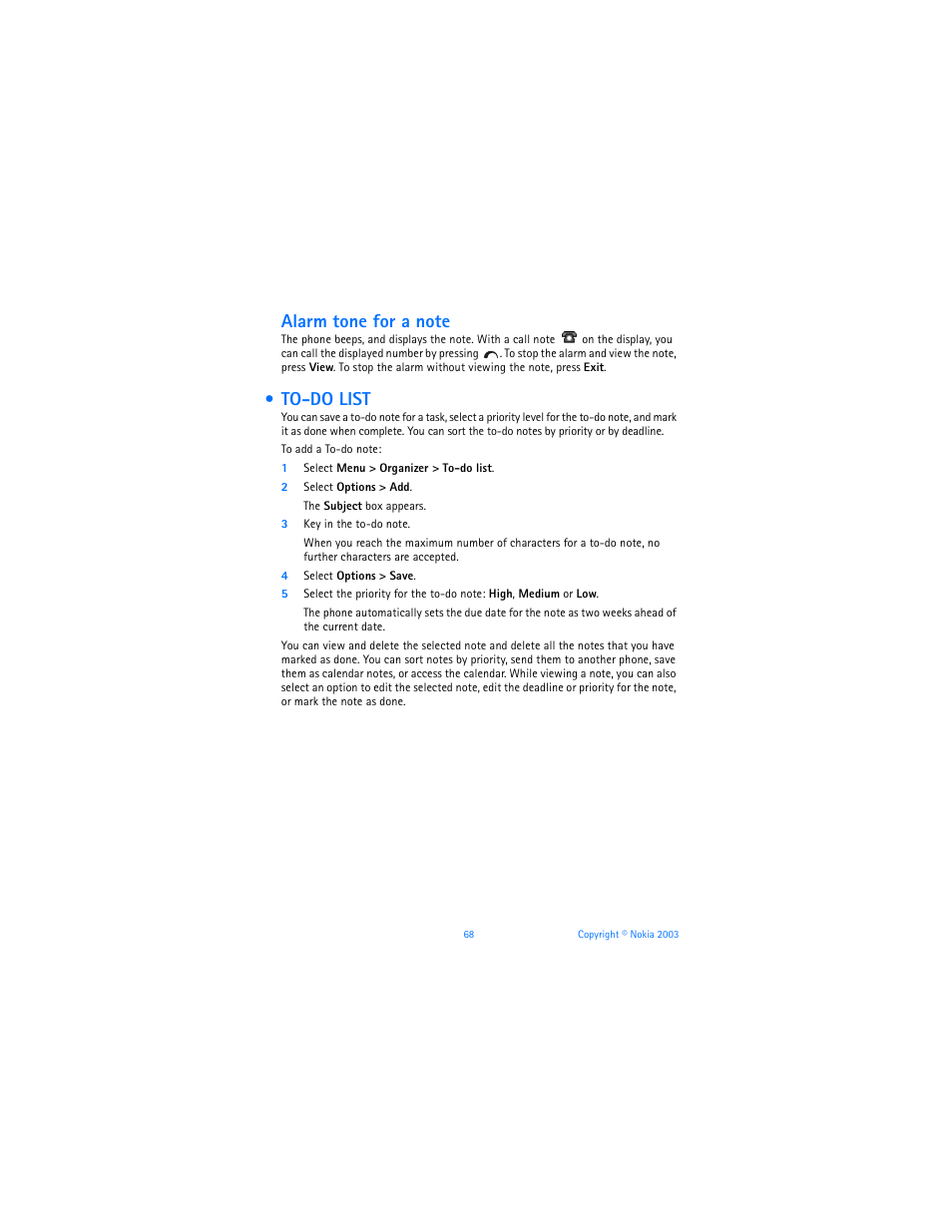 To-do list | Nokia 6800 User Manual | Page 75 / 153