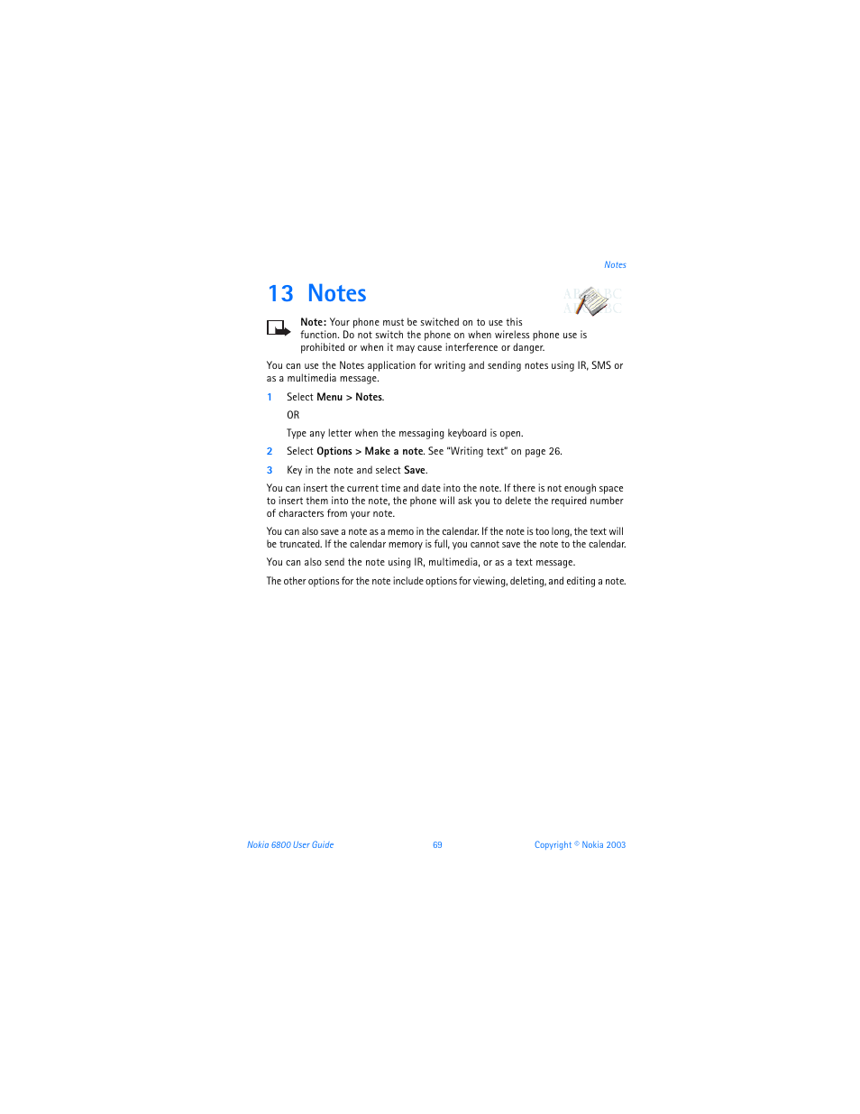 13 notes, Notes | Nokia 6800 User Manual | Page 76 / 153