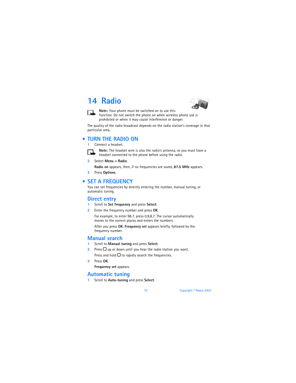 14 radio, Turn the radio on, Set a frequency | Radio, Turn the radio on set a frequency, Direct entry, Manual search, Automatic tuning | Nokia 6800 User Manual | Page 77 / 153