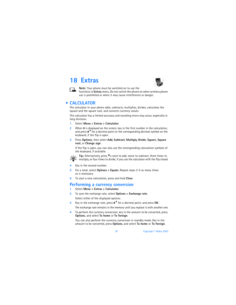 18 extras, Calculator, Extras | Performing a currency conversion | Nokia 6800 User Manual | Page 85 / 153