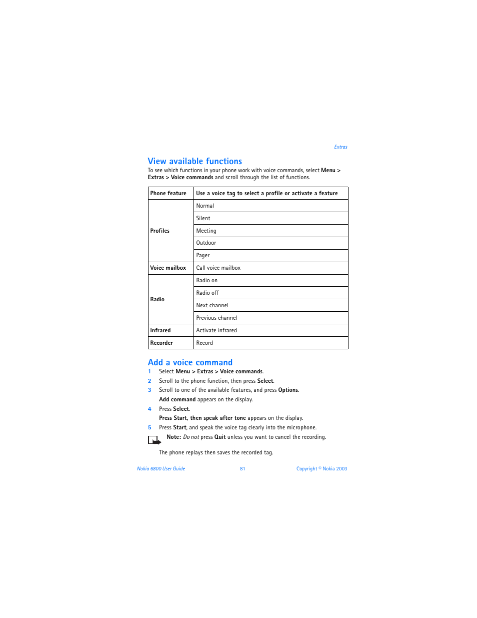 View available functions, Add a voice command | Nokia 6800 User Manual | Page 88 / 153