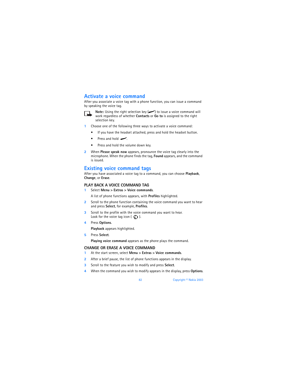 Activate a voice command, Existing voice command tags | Nokia 6800 User Manual | Page 89 / 153