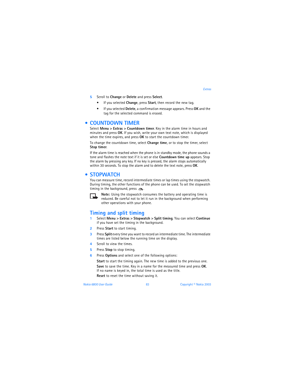 Countdown timer, Stopwatch, Countdown timer stopwatch | Timing and split timing | Nokia 6800 User Manual | Page 90 / 153