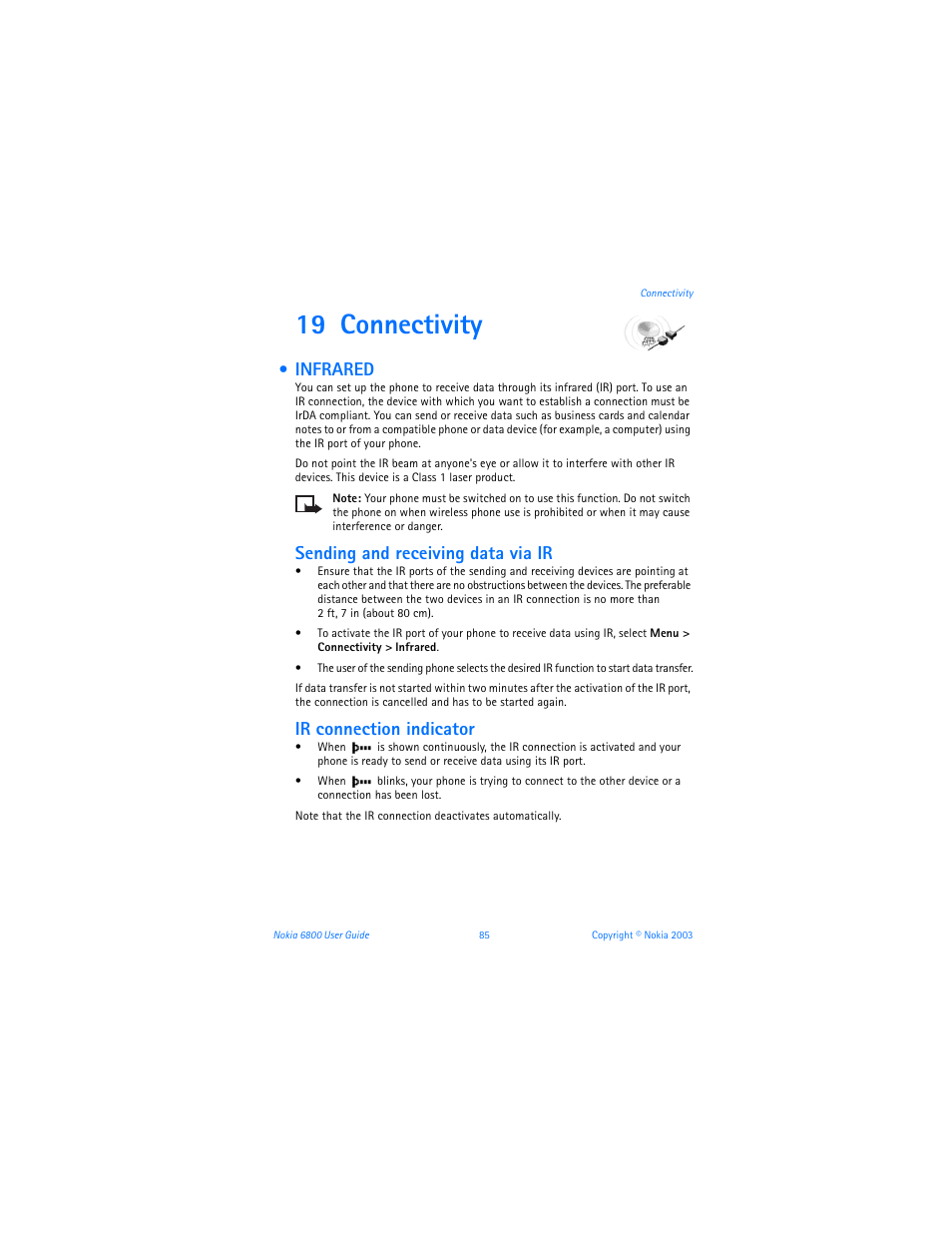 19 connectivity, Infrared, Connectivity | Sending and receiving data via ir, Ir connection indicator | Nokia 6800 User Manual | Page 92 / 153