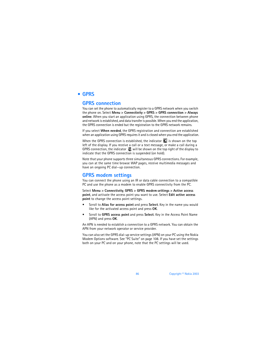 Gprs, Gprs gprs connection, Gprs modem settings | Nokia 6800 User Manual | Page 93 / 153