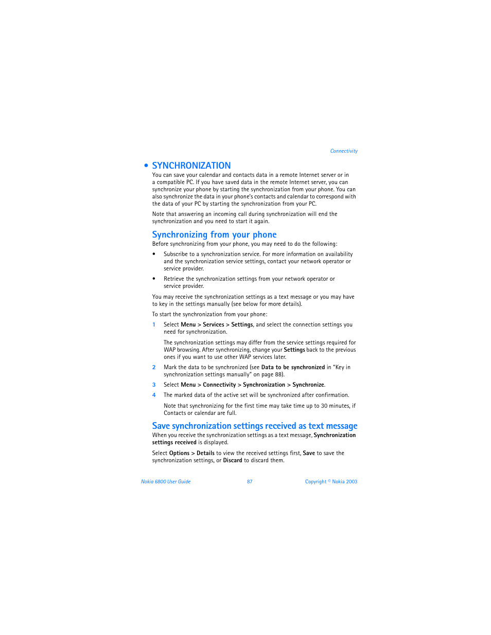 Synchronization, Synchronizing from your phone | Nokia 6800 User Manual | Page 94 / 153