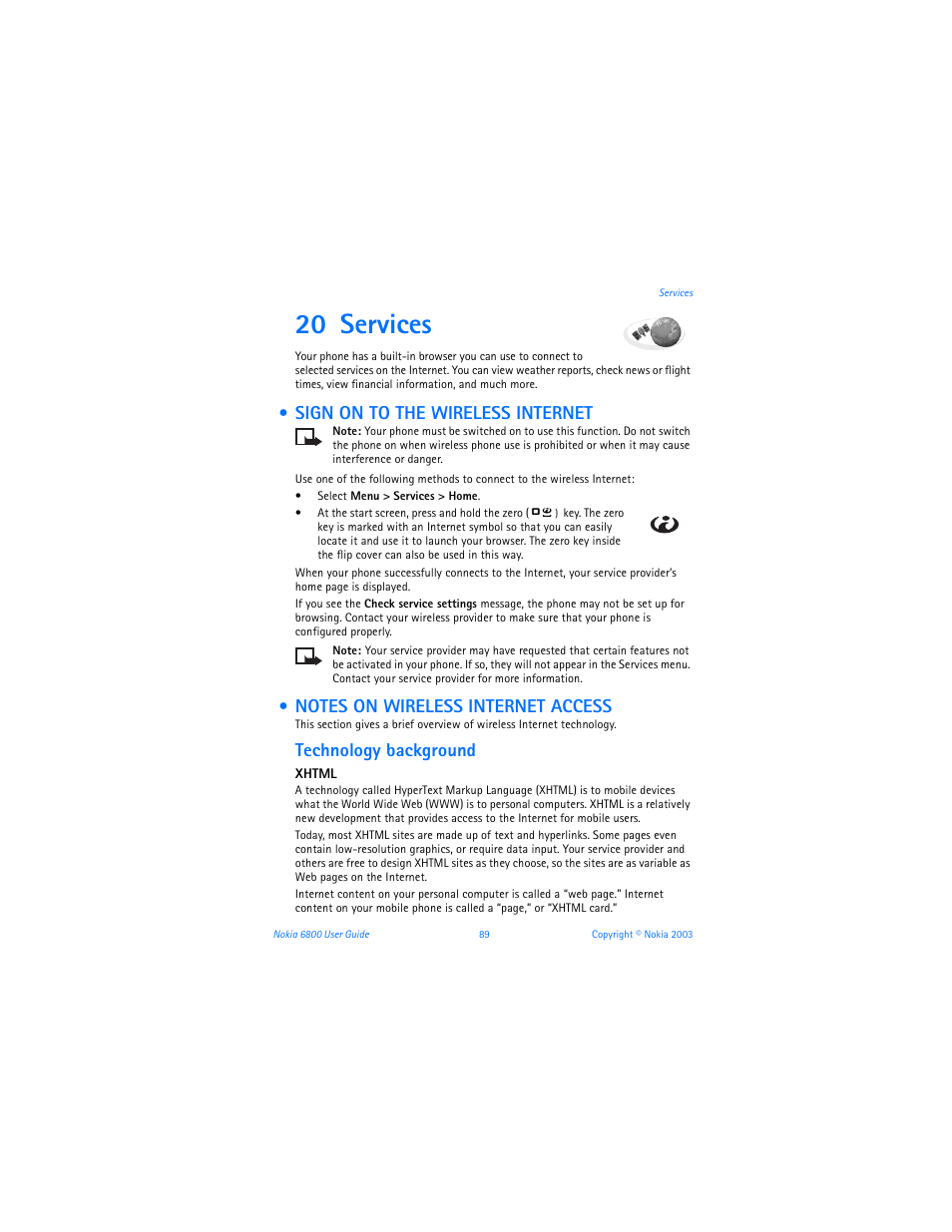 20 services, Sign on to the wireless internet, Notes on wireless internet access | Services, Technology background | Nokia 6800 User Manual | Page 96 / 153
