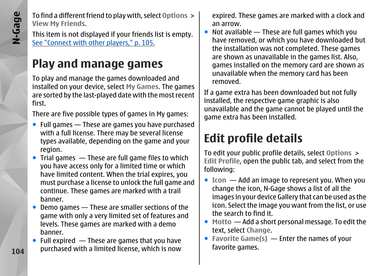 Play and manage games, Edit profile details, N-gage | Nokia N85 User Manual | Page 104 / 385