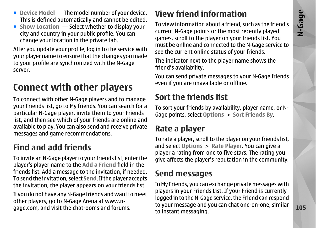Connect with other players, Find and add friends, View friend information | Sort the friends list, Rate a player, Send messages, N-gage | Nokia N85 User Manual | Page 105 / 385