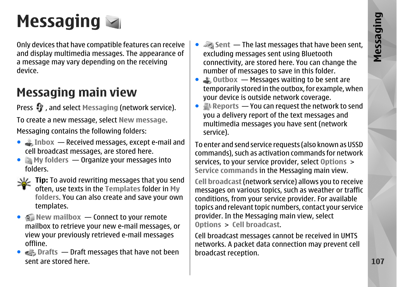 Messaging, Messaging main view | Nokia N85 User Manual | Page 107 / 385