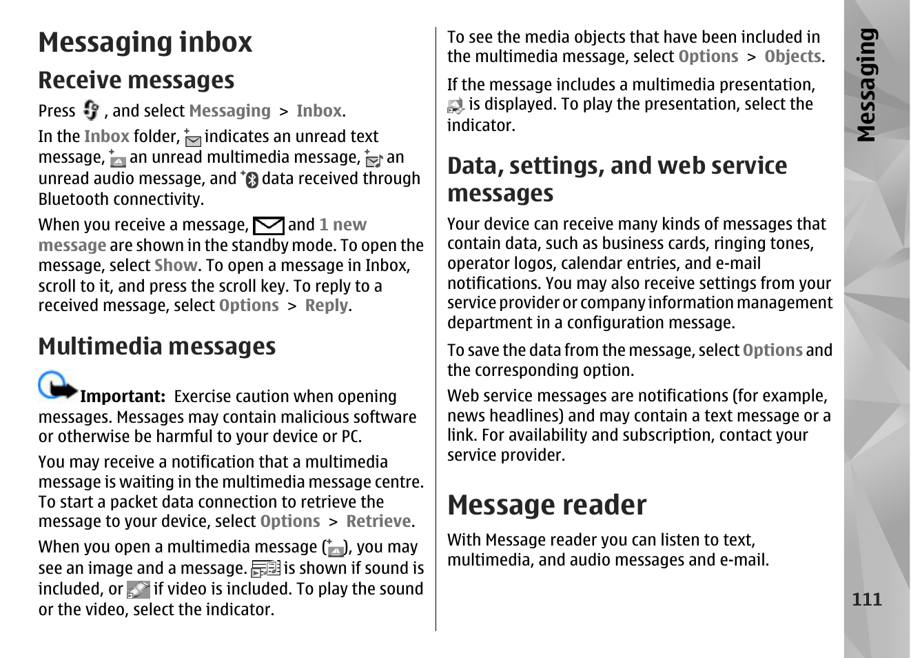 Messaging inbox, Receive messages, Multimedia messages | Data, settings, and web service messages, Message reader, Messaging | Nokia N85 User Manual | Page 111 / 385