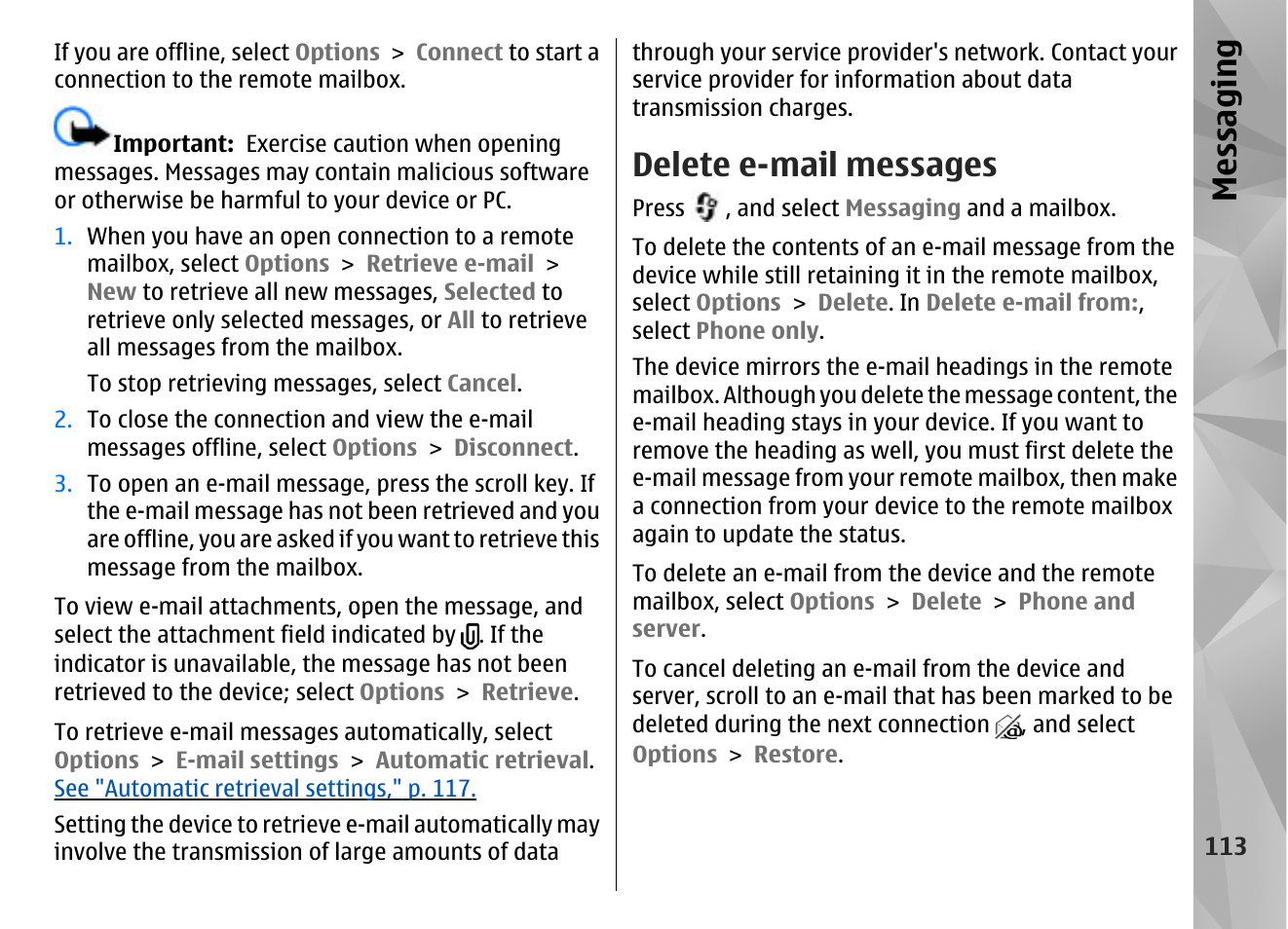 Delete e-mail messages, Messaging | Nokia N85 User Manual | Page 113 / 385
