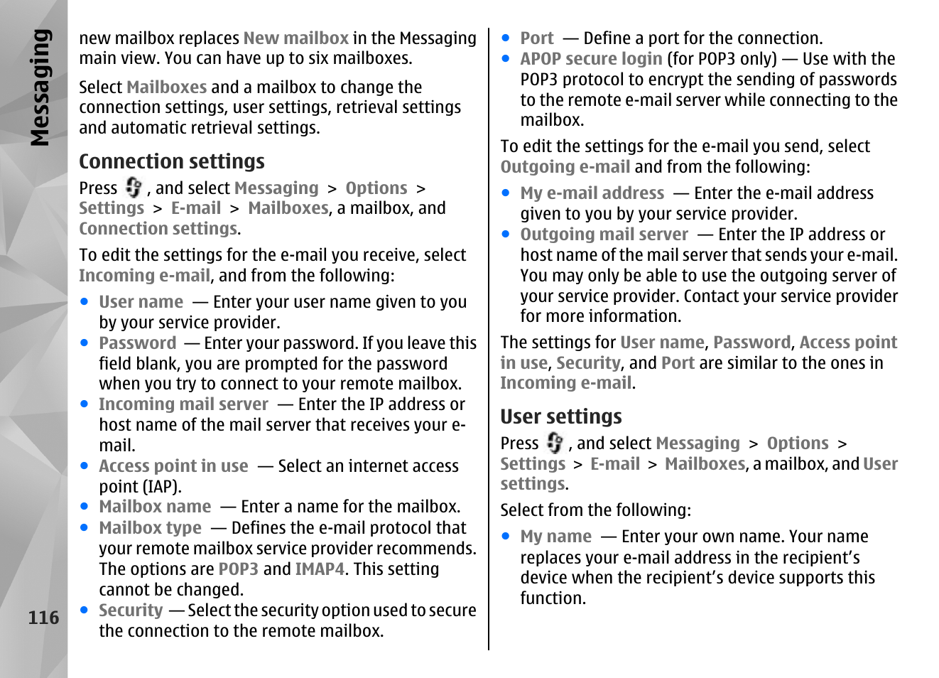 Connection settings, User settings, Messaging | Nokia N85 User Manual | Page 116 / 385