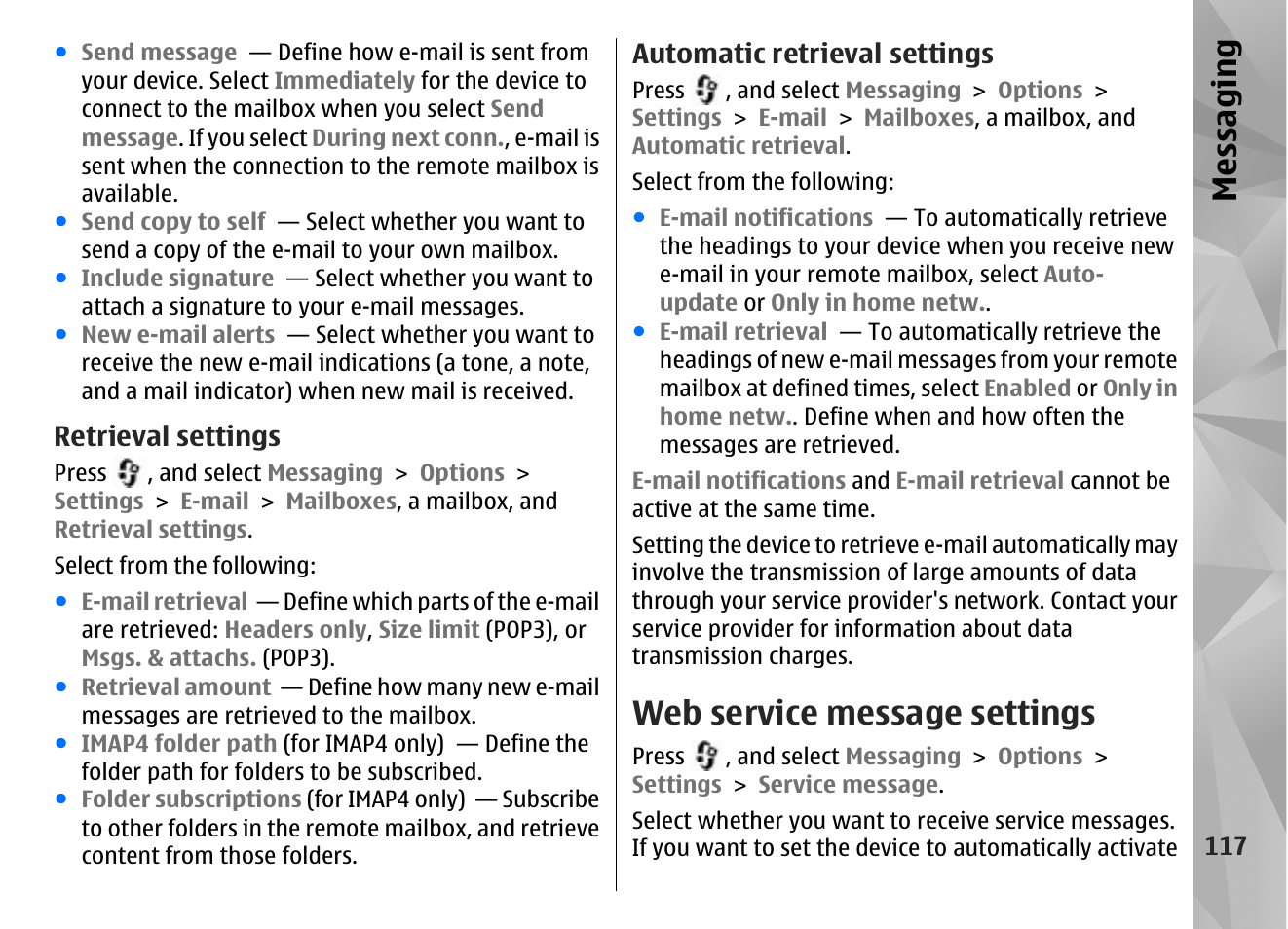 Retrieval settings, Automatic retrieval settings, Web service message settings | Messaging | Nokia N85 User Manual | Page 117 / 385