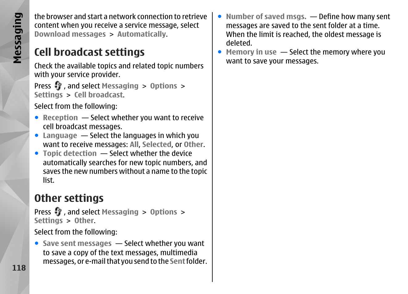 Cell broadcast settings, Other settings, Messaging | Nokia N85 User Manual | Page 118 / 385
