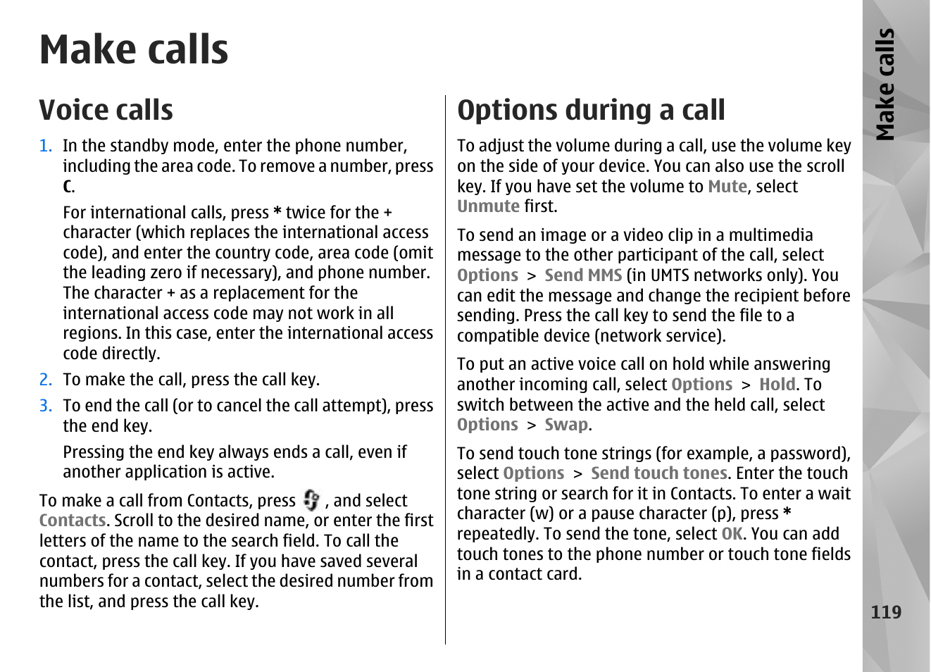 Make calls, Voice calls, Options during a call | Make call s | Nokia N85 User Manual | Page 119 / 385