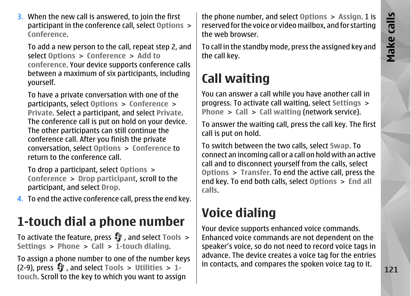Touch dial a phone number, Call waiting, Voice dialing | Make call s | Nokia N85 User Manual | Page 121 / 385
