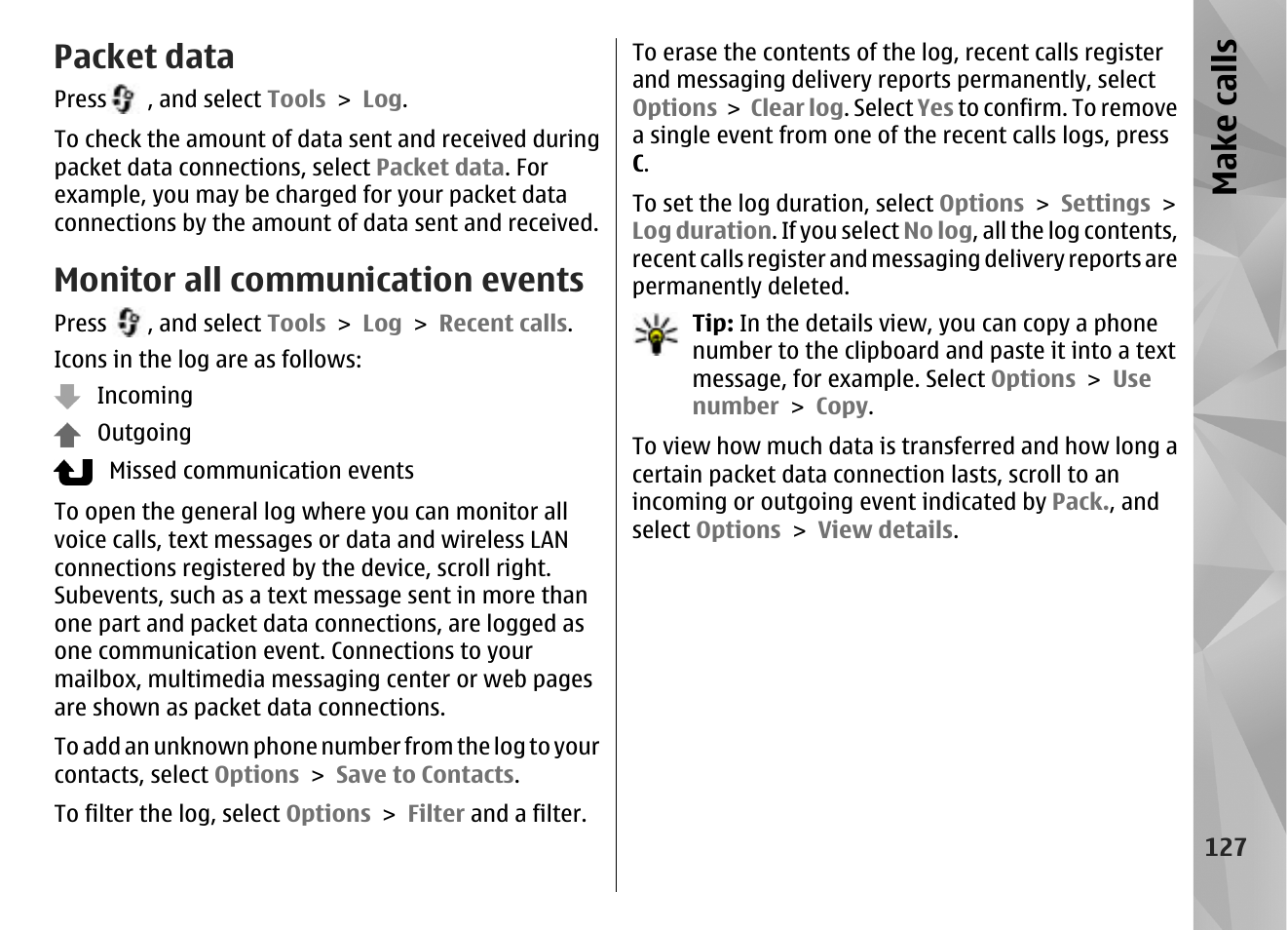 Packet data, Monitor all communication events, Make call s | Nokia N85 User Manual | Page 127 / 385