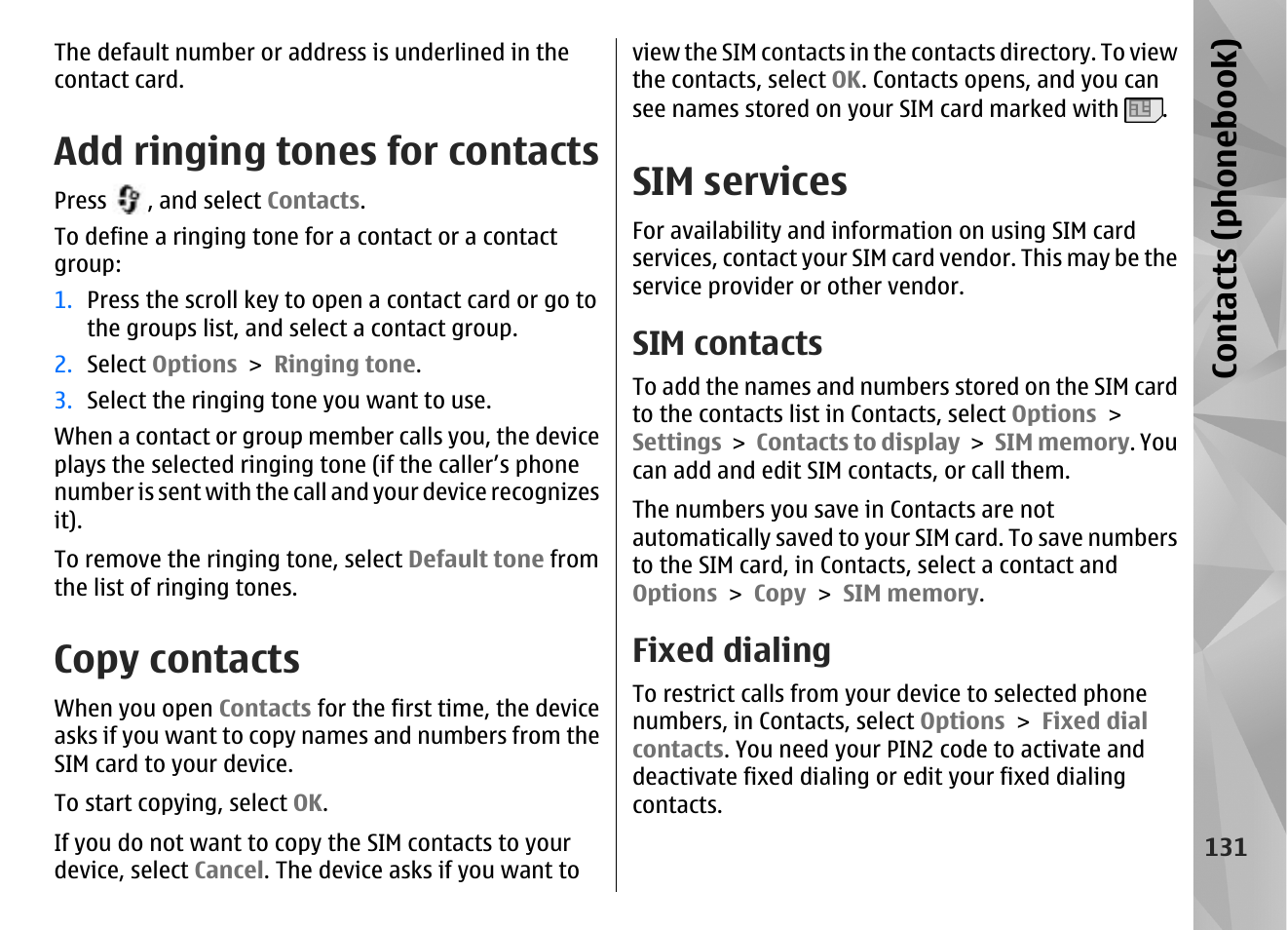 Add ringing tones for contacts, Copy contacts, Sim services | Sim contacts, Fixed dialing, Contacts (phone boo k) | Nokia N85 User Manual | Page 131 / 385