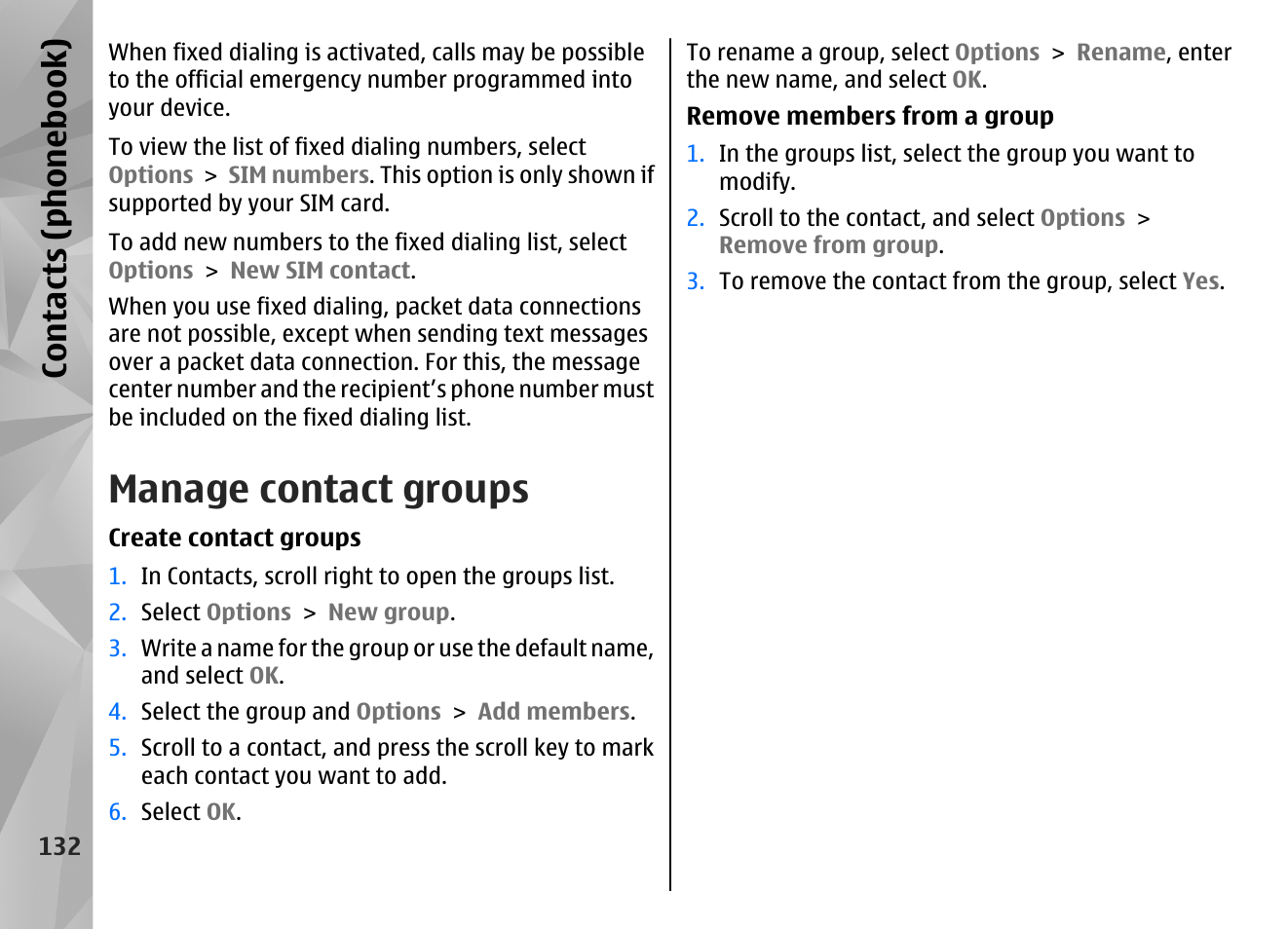 Manage contact groups, Contacts (phone boo k) | Nokia N85 User Manual | Page 132 / 385