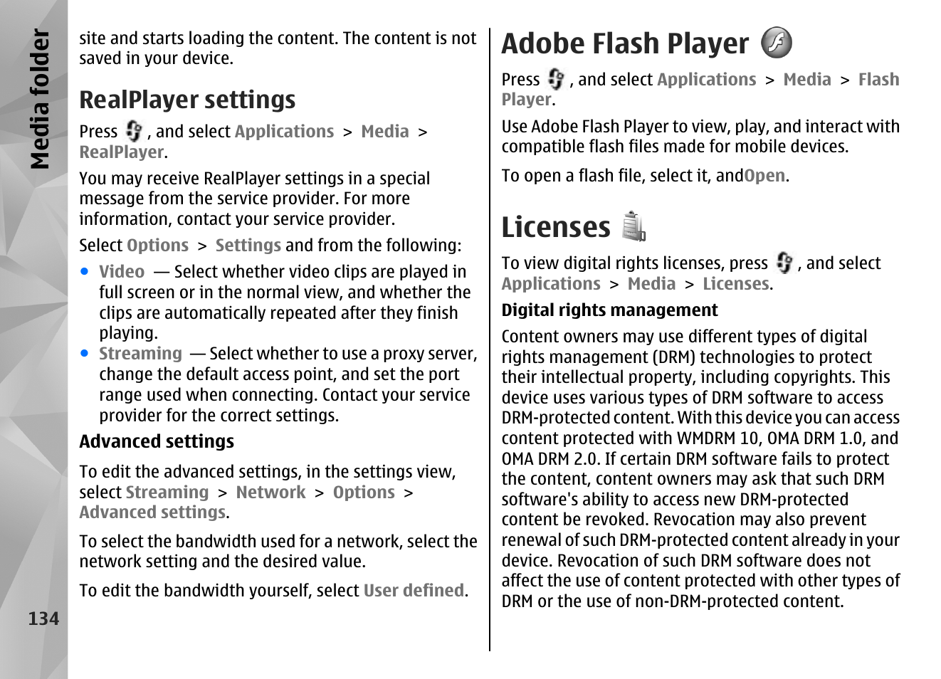 Realplayer settings, Adobe flash player, Licenses | Media fol der | Nokia N85 User Manual | Page 134 / 385