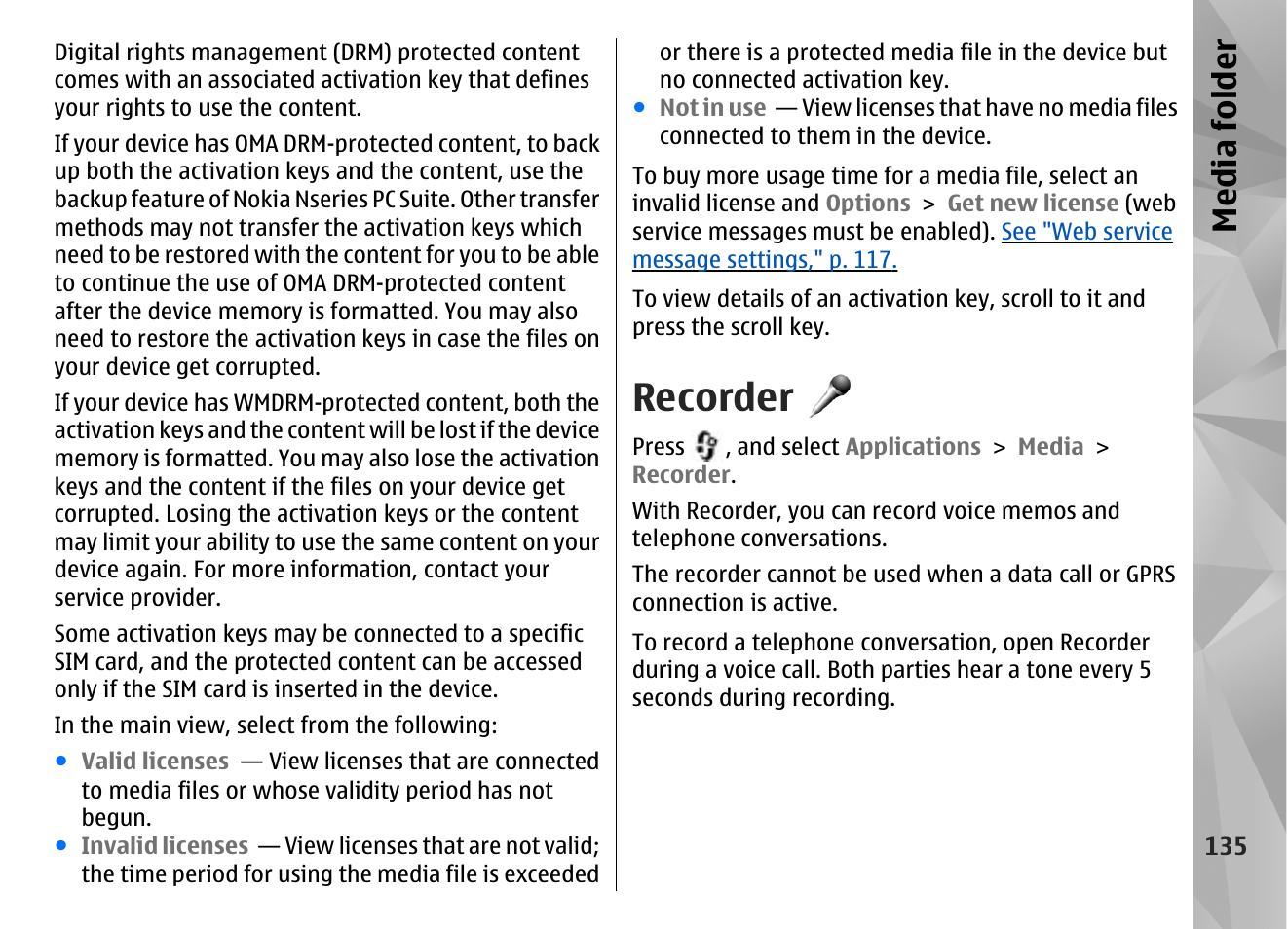 Recorder, Media fol der | Nokia N85 User Manual | Page 135 / 385