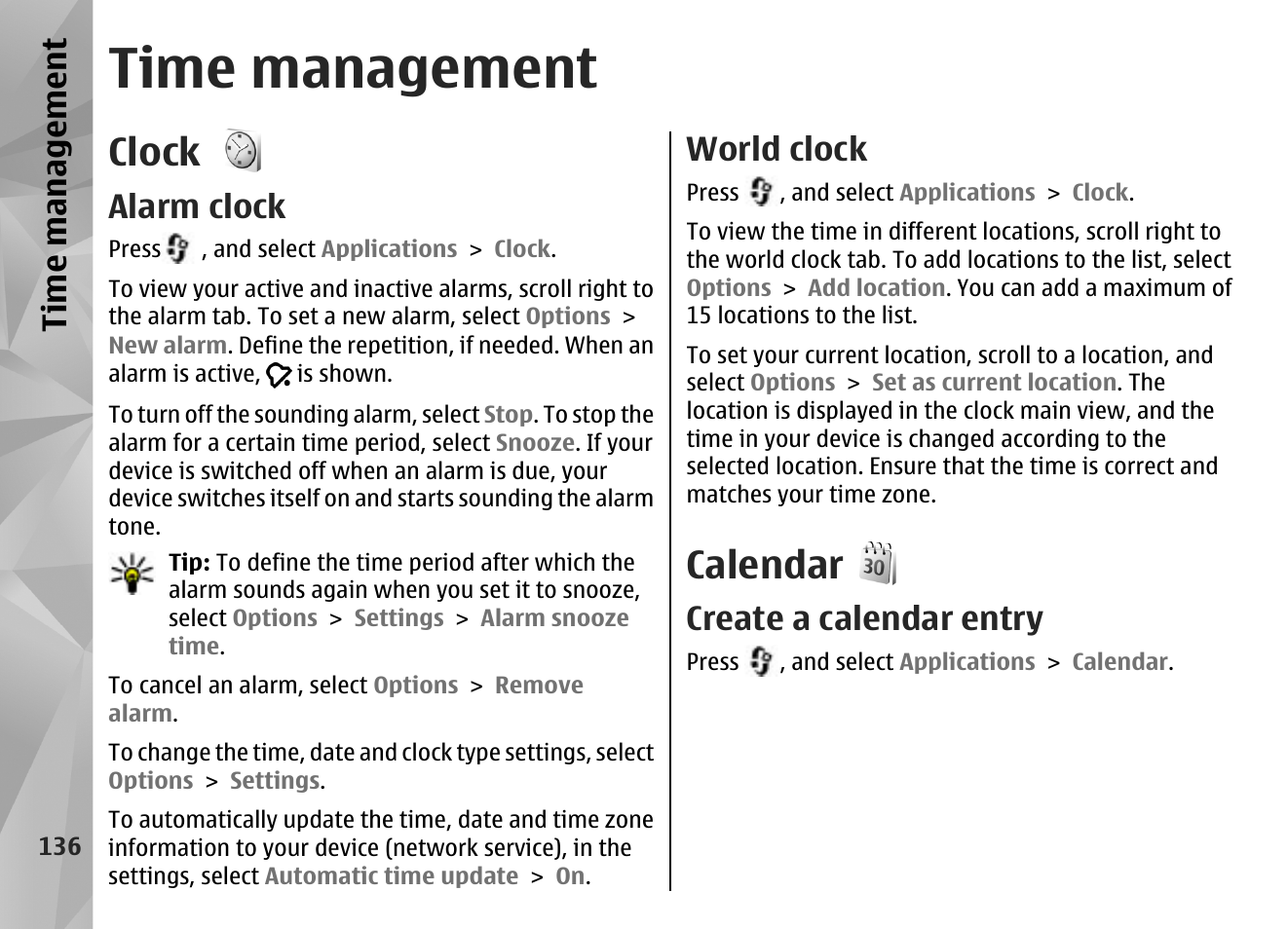 Time management, Clock, Alarm clock | World clock, Calendar, Create a calendar entry, Ti me ma nag eme nt | Nokia N85 User Manual | Page 136 / 385
