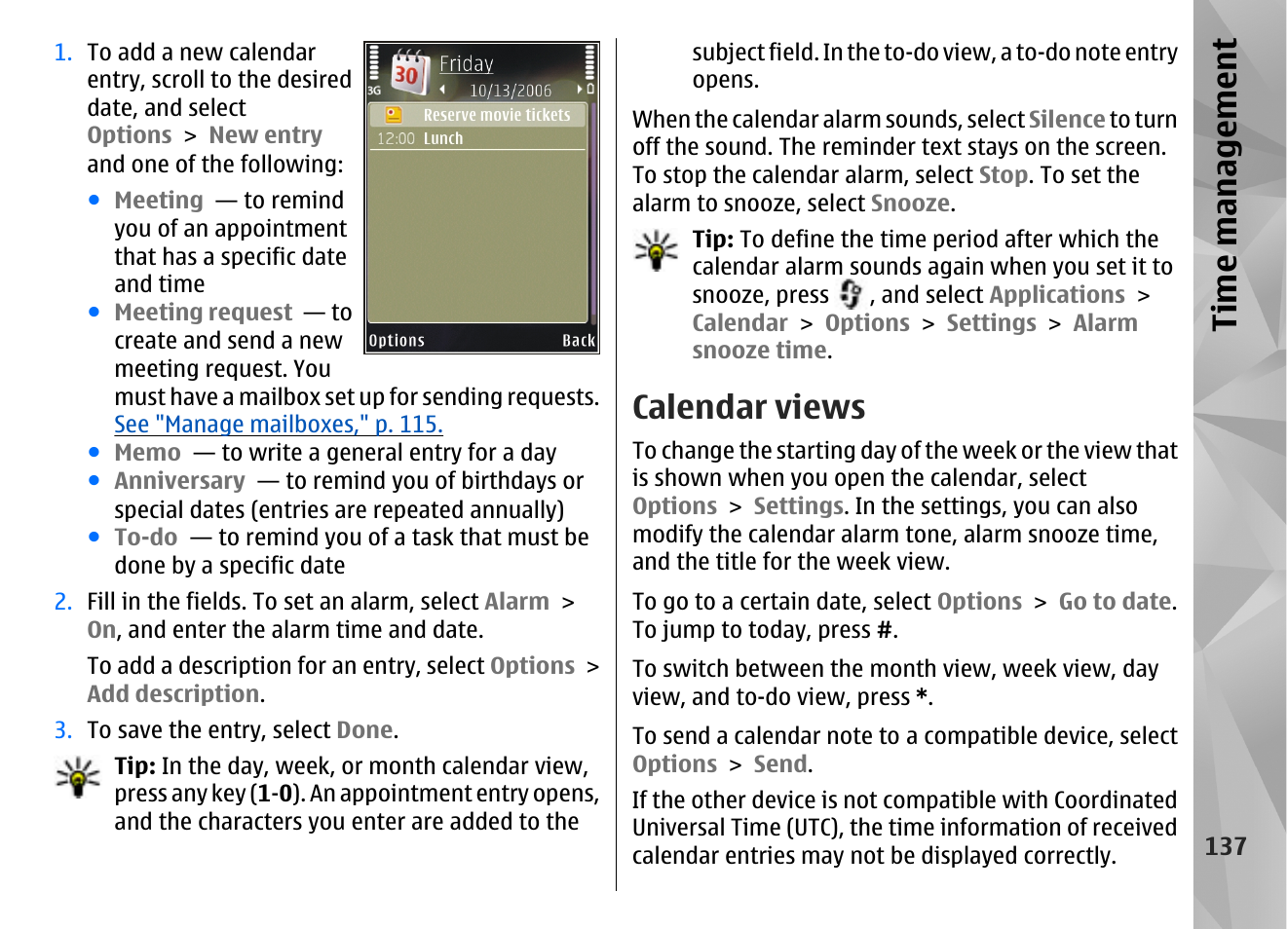 Calendar views, Ti me ma nag eme nt | Nokia N85 User Manual | Page 137 / 385