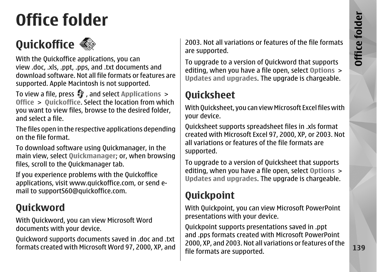 Office folder, Quickoffice, Quickword | Quicksheet, Quickpoint | Nokia N85 User Manual | Page 139 / 385