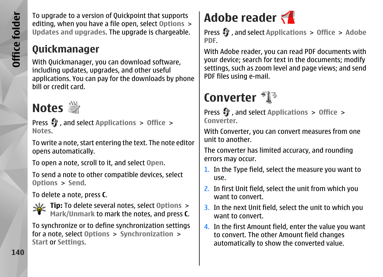 Quickmanager, Notes, Adobe reader | Converter, Office folder | Nokia N85 User Manual | Page 140 / 385