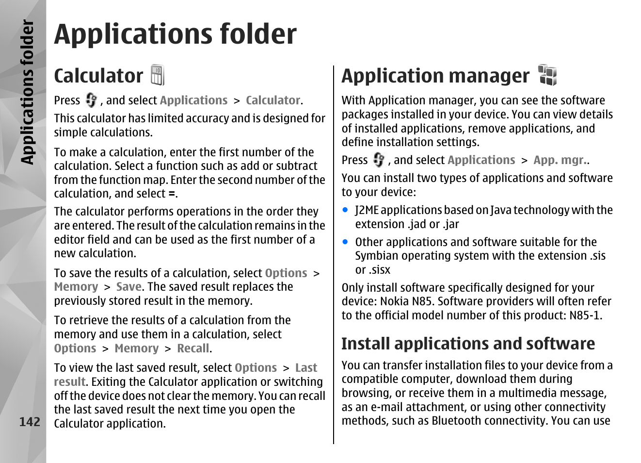 Applications folder, Calculator, Application manager | Install applications and software, Appl icati ons fol der | Nokia N85 User Manual | Page 142 / 385