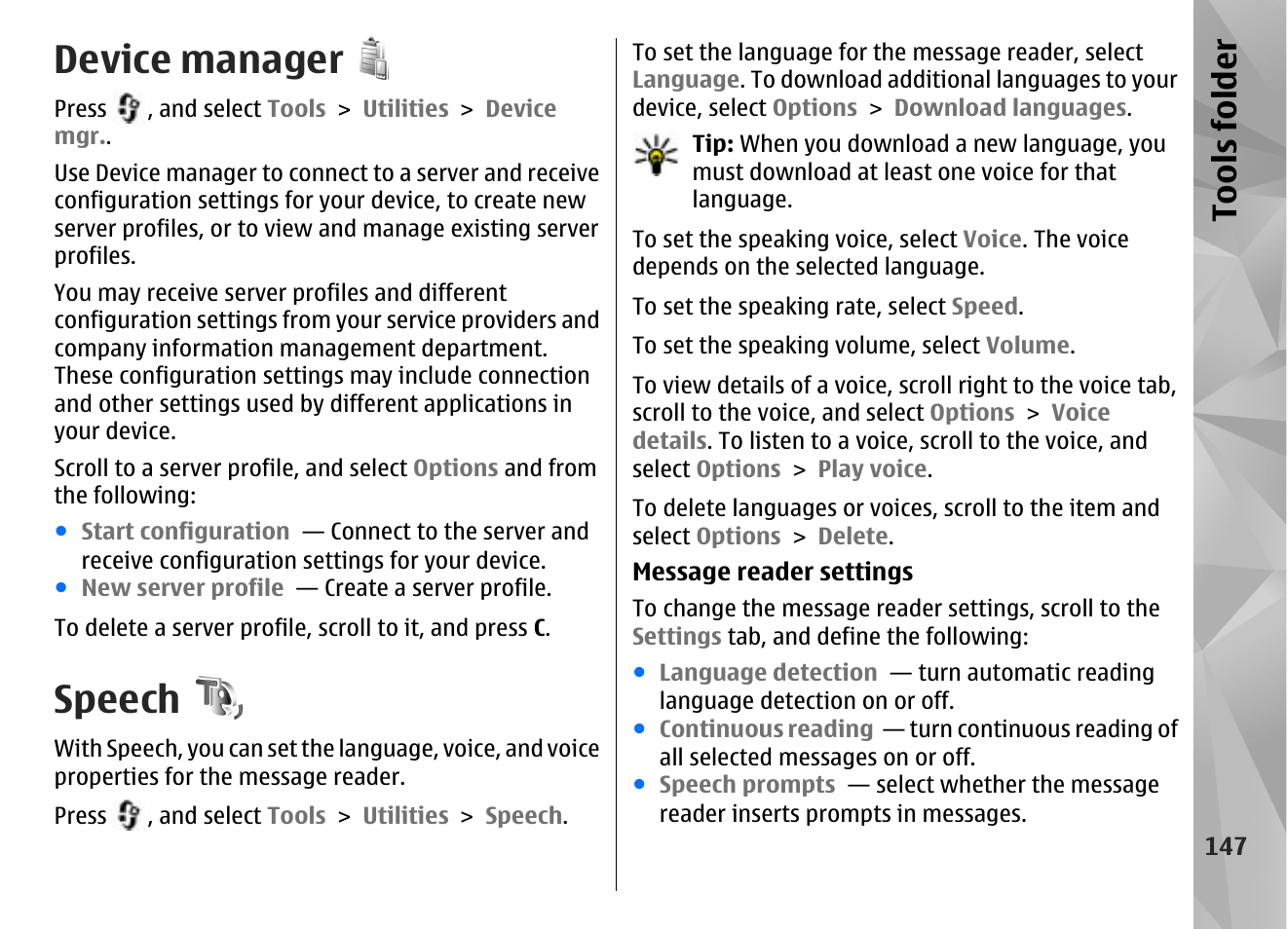 Device manager, Speech, Speech," p. 147 | Nokia N85 User Manual | Page 147 / 385