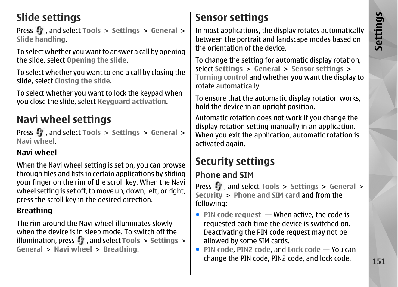 Slide settings, Navi wheel settings, Sensor settings | Security settings, Phone and sim, Se ttings | Nokia N85 User Manual | Page 151 / 385