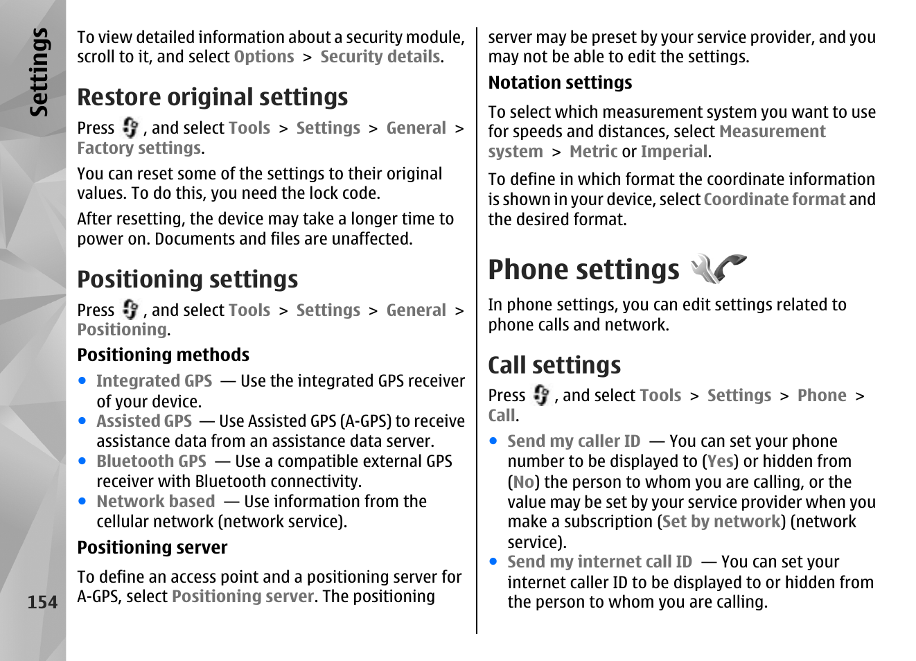 Restore original settings, Positioning settings, Phone settings | Call settings, Se ttings | Nokia N85 User Manual | Page 154 / 385