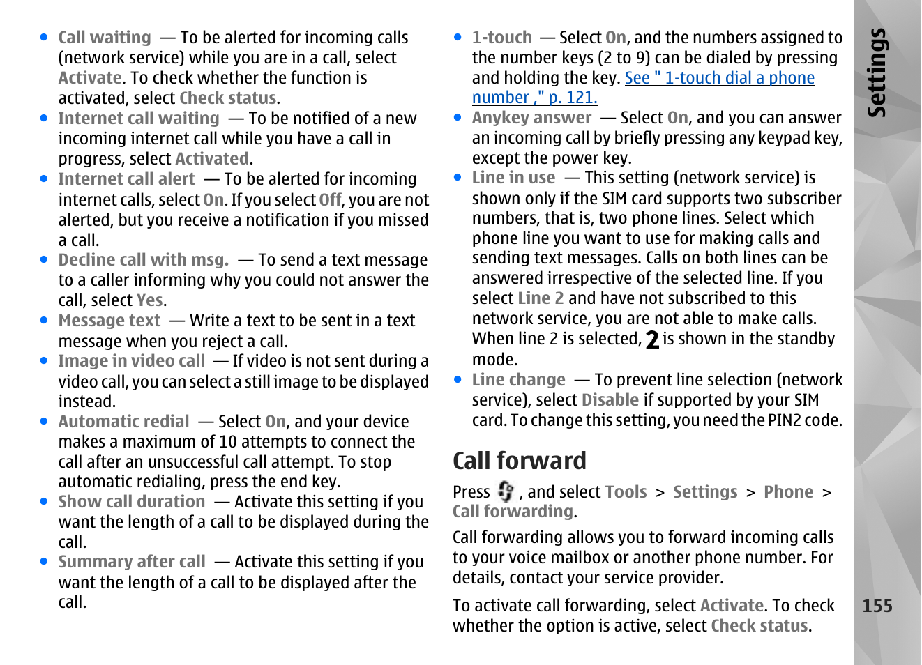 Call forward, Se ttings | Nokia N85 User Manual | Page 155 / 385